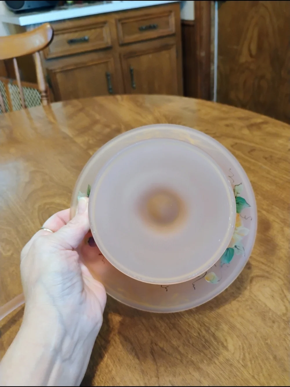 Vintage Tiffin Satin Pink Mayonnaise Bowl With Spoon Floral Poppies Gold Trim